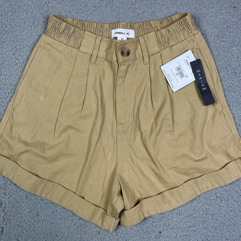 O'Neill Benton Pleated High Rise‎ Shorts Cuffed Cotton Twill Khaki Women's XS